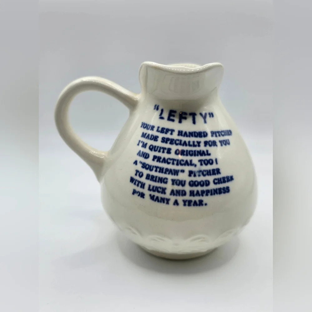 Vintage "LEFTY" Blue Floral Design 8 ounce Ceramic Pitcher 4"x4" - Picture 4 of 7
